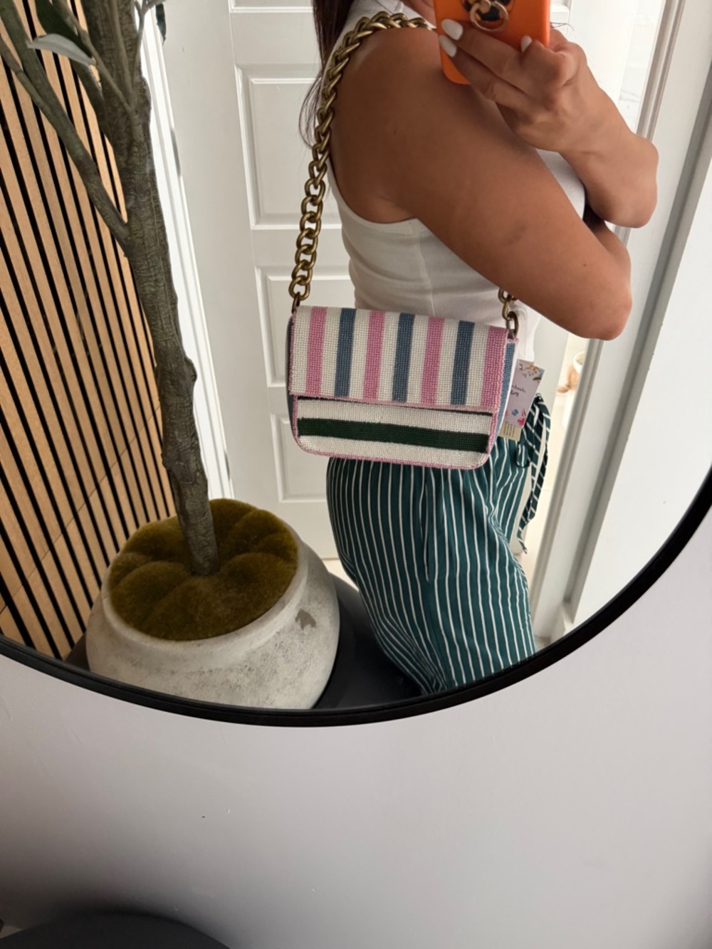 Viral Famous Beaded Stripe Shoulder Bag in Pink, White & Dark Green - Picture 12 of 15